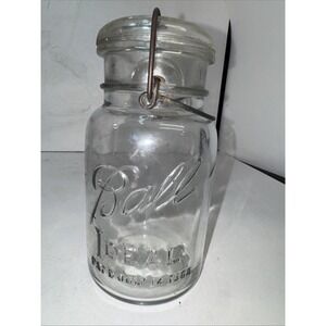 Vintage Ball Ideal Clear Glass Quart Jar With Glass Lid Wire Bail